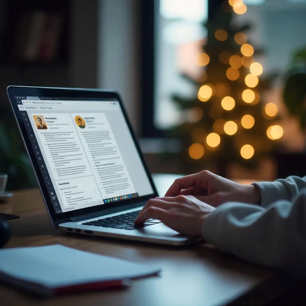 Writer typing SEO-optimized content on a laptop with analytics charts nearby.