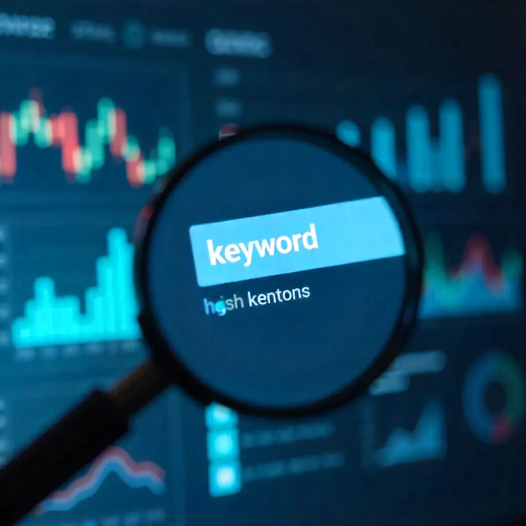 Magnifying glass over a search bar with keyword suggestions and analytics data.
