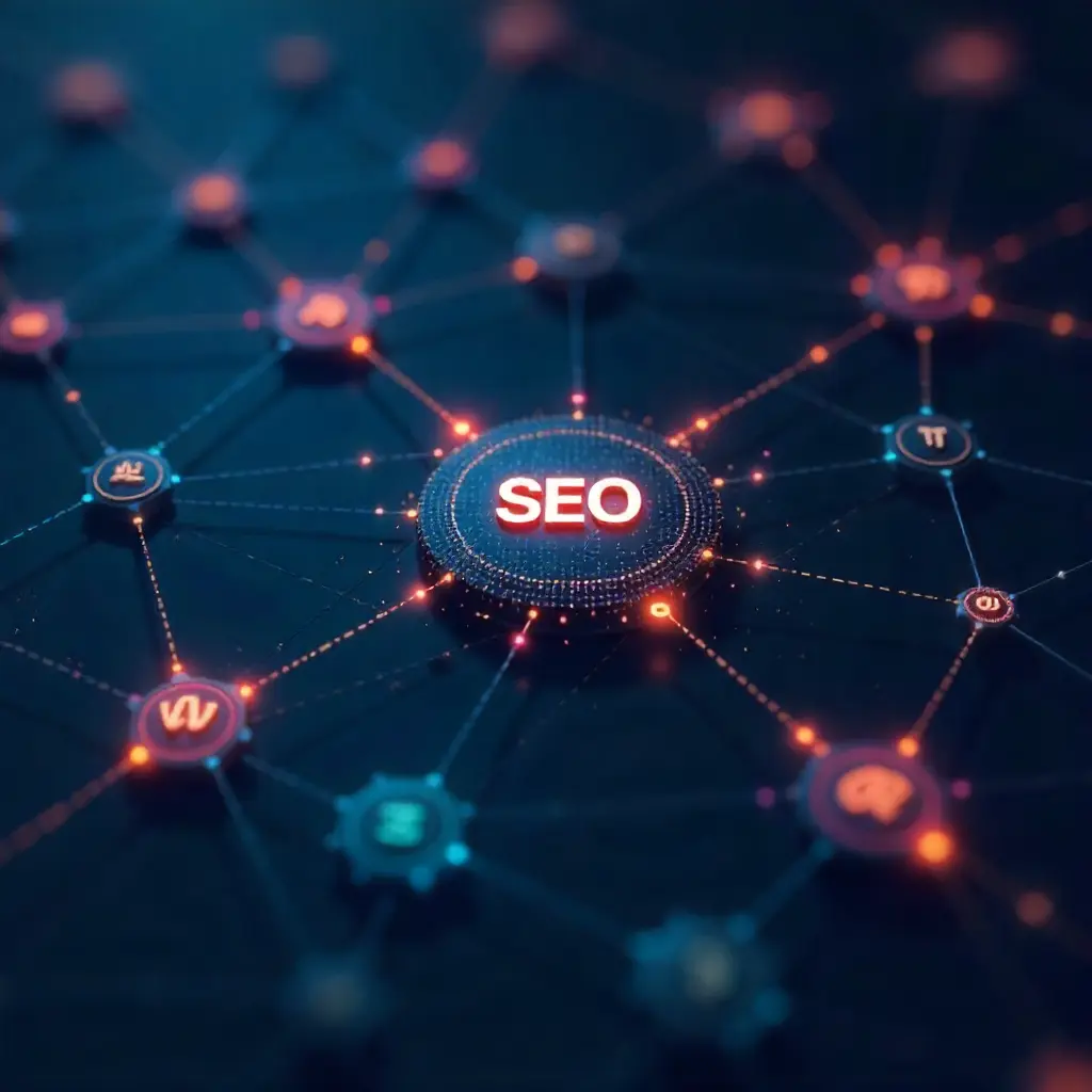 Digital network visualization showing backlink connections to a central website.