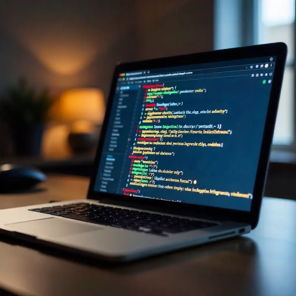 Optimized website code on a laptop screen highlighting meta tags and keywords.