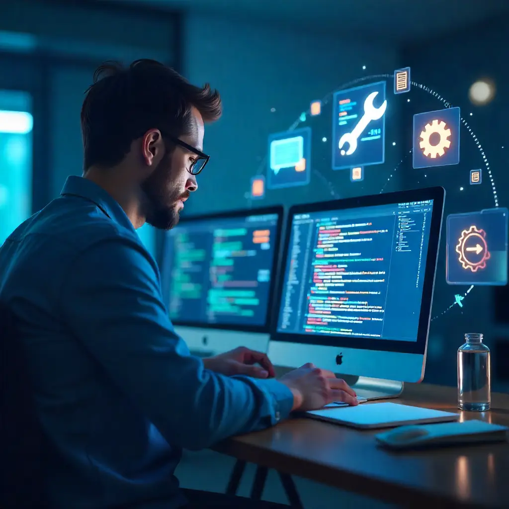 Developer optimizing website code and performance settings on dual monitors.