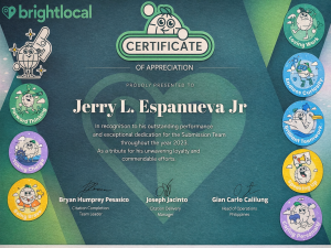 BrightLocal Certificate of Appreciation for contributions in Local SEO