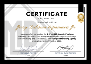 Certificate of Recognition – 4 Week SEO Specialist Training