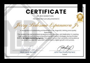 Certificate of Recognition – Outstanding Achievement