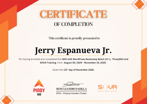 Certificate of Completion for SEO with WordPress Bootcamp by PinoySEO and SOVA Training